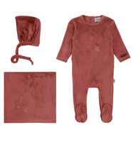 Bondoux Paci Embroidered Velour Footie, Bonnet & Blanket