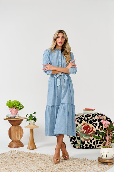 Paper Parachute Embroidered Flowers Denim Dress Paper Parachute Embroidered Flowers Denim Dress