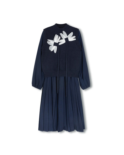Minimal Pleated Dress w/ Floral Detail Vest