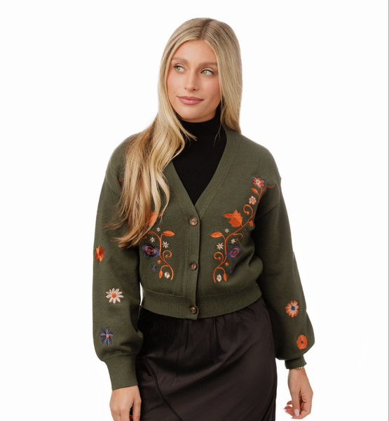 English Vneck Cardigan w Cognac Embroidery