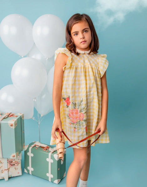 Belati Gingham Seersucker Jumper With Flower Embroidery Belati Gingham Seersucker Jumper With Flower Embroidery
