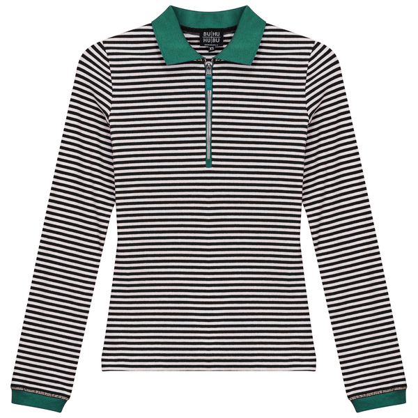 BuHu Stripe Rib Zipper Henley Tee