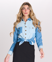 Paper Parachute Denim Button Down Color Block Top
