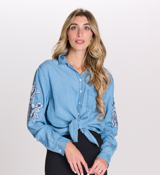 Paper Parachute Embroidered Sleeves Denim Top