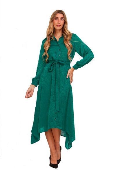 Japparel Leah Shark Bite Satin Jacquared Button Down Dress