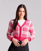 Cable Vneck Plaid Cardigan