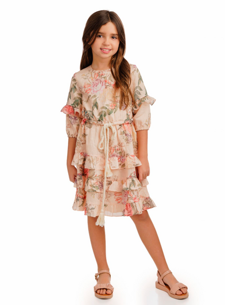 Dot & Line Printed Ruffle Dress With Rope Belt Dot & Line Printed Ruffle Dress With Rope Belt