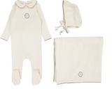 Lilette Velour Crest Emblem Footie, Hat & Blanket Layette Set