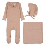 Lilette Crochet Collar Footie, Hat & Blanket Layette Set