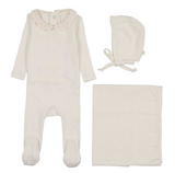 Lilette Crochet Collar Footie, Hat & Blanket Layette Set