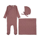 Lilette Cherry Scallop Footie, Hat, Blanket Layette Set