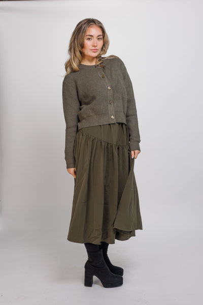 Ivee Angled Yoke Dress w Chunky Waffle Cardigan Set