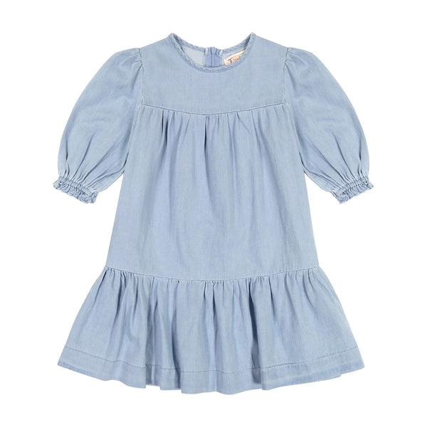 teela denim dress Teela Designer Girls Blue Denim Tie Dye Tiered 3/4 Sleeve Dress Size 10