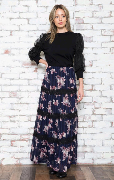 Edera Floral Tiered Skirt w Lace Stripes