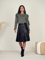 Front Row Snap Pleated Leather Skirt